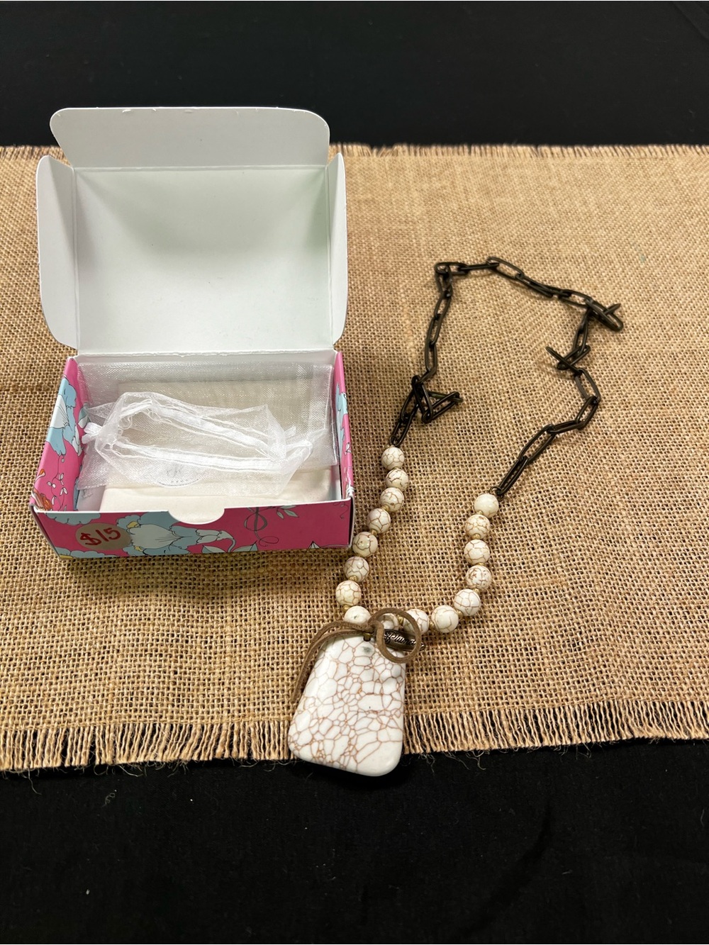 Plunder White Veined Stone Pendant Necklace with Brass Tone Chain